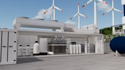 集成博世 Hybrion PEM 电解槽的集装箱式分布式制氢解决方案3D示意图,以风能作为可再生能源供电。